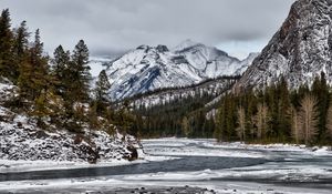 Preview wallpaper mountains, rocks, snow, lake, snowy, trees