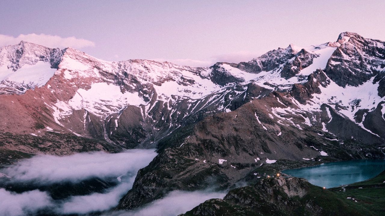Wallpaper mountains, rocks, snow, snowy, lake, sky