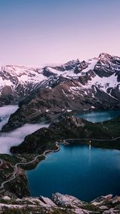 Preview wallpaper mountains, rocks, snow, snowy, lake, sky