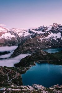 Preview wallpaper mountains, rocks, snow, snowy, lake, sky