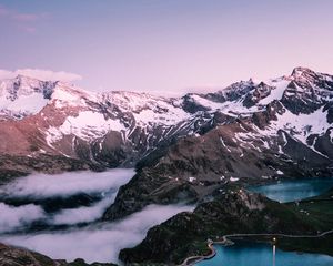 Preview wallpaper mountains, rocks, snow, snowy, lake, sky