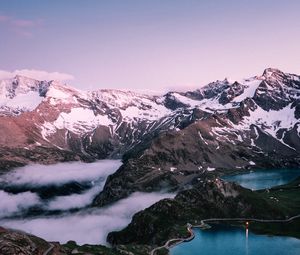 Preview wallpaper mountains, rocks, snow, snowy, lake, sky