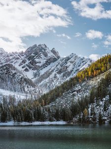 Preview wallpaper mountains, rocks, snow, snowy, sea, sky