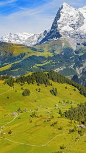 Preview wallpaper mountains, rocks, snow, valley, trees, landscape