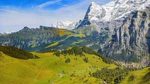 Preview wallpaper mountains, rocks, snow, valley, trees, landscape