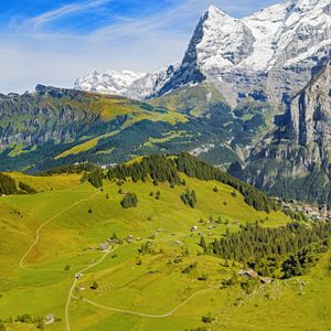 Preview wallpaper mountains, rocks, snow, valley, trees, landscape