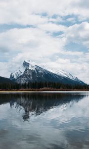 Preview wallpaper mountains, rocks, snowy, trees, reflection