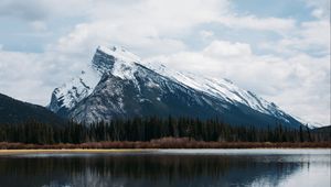 Preview wallpaper mountains, rocks, snowy, trees, reflection