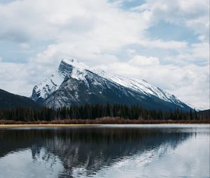 Preview wallpaper mountains, rocks, snowy, trees, reflection