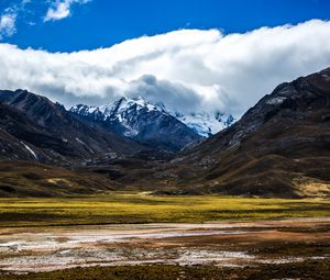 Preview wallpaper mountains, rocks, snowy, clouds, sky