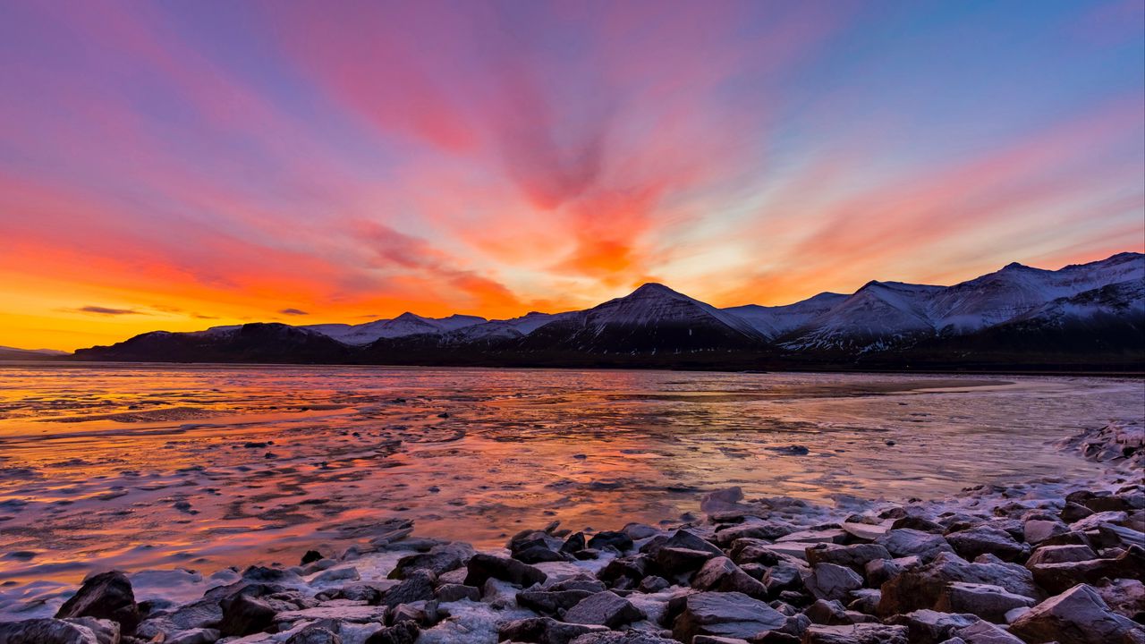 Wallpaper mountains, rocks, stones, sunset, sea hd, picture, image