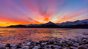 Preview wallpaper mountains, rocks, stones, sunset, sea