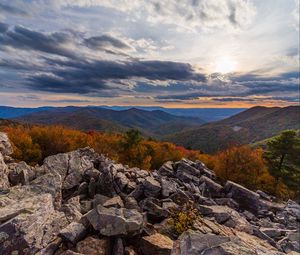 Preview wallpaper mountains, rocks, stones, sunset, landscape, nature