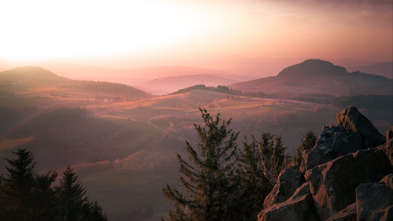 Wallpaper mountains, rocks, sunset, fog, landscape