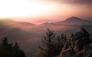 Preview wallpaper mountains, rocks, sunset, fog, landscape