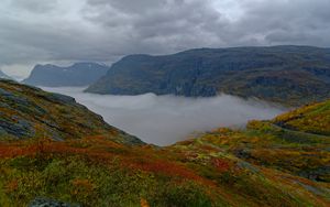 Preview wallpaper mountains, rocks, taiga, grass, fog