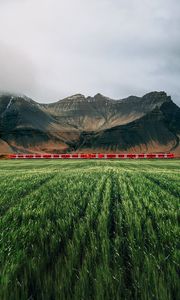 Preview wallpaper mountains, rocks, train, grass, fog