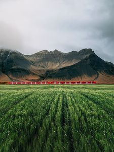 Preview wallpaper mountains, rocks, train, grass, fog