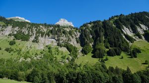 Preview wallpaper mountains, rocks, trees, slope, sky, nature