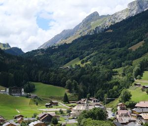 Preview wallpaper mountains, rocks, trees, buildings, houses, nature