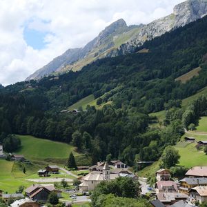 Preview wallpaper mountains, rocks, trees, buildings, houses, nature