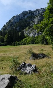 Preview wallpaper mountains, rocks, trees, valley, stones, nature