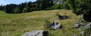 Preview wallpaper mountains, rocks, trees, valley, stones, nature