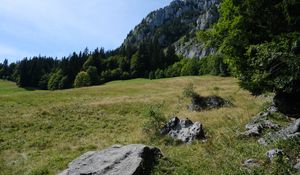 Preview wallpaper mountains, rocks, trees, valley, stones, nature