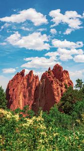 Preview wallpaper mountains, rocks, trees, bushes, clouds, sky