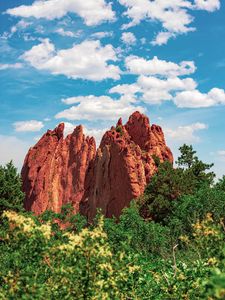 Preview wallpaper mountains, rocks, trees, bushes, clouds, sky