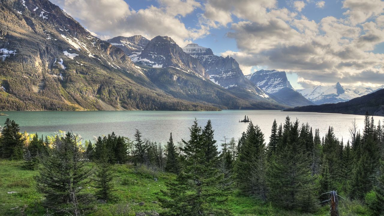 Wallpaper mountains, rocks, trees, lake, sky, clouds