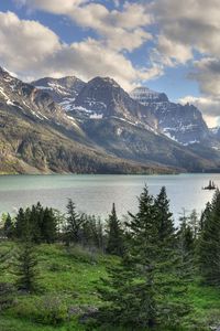 Preview wallpaper mountains, rocks, trees, lake, sky, clouds