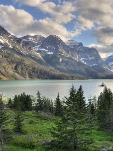 Preview wallpaper mountains, rocks, trees, lake, sky, clouds