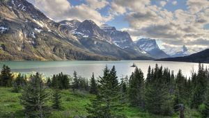 Preview wallpaper mountains, rocks, trees, lake, sky, clouds