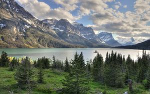 Preview wallpaper mountains, rocks, trees, lake, sky, clouds