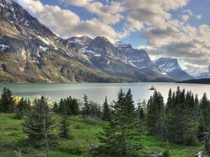 Preview wallpaper mountains, rocks, trees, lake, sky, clouds