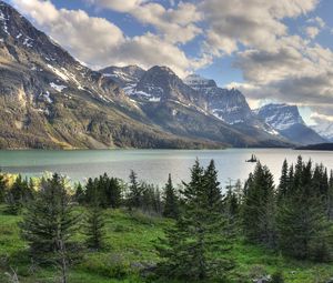 Preview wallpaper mountains, rocks, trees, lake, sky, clouds