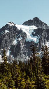 Preview wallpaper mountains, rocks, trees, spruce, forest, sky