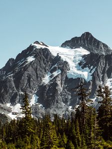 Preview wallpaper mountains, rocks, trees, spruce, forest, sky