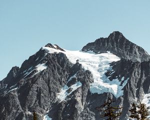 Preview wallpaper mountains, rocks, trees, spruce, forest, sky