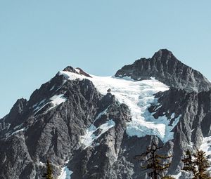 Preview wallpaper mountains, rocks, trees, spruce, forest, sky