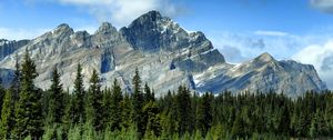 Preview wallpaper mountains, rocks, trees, spruce, sky, road