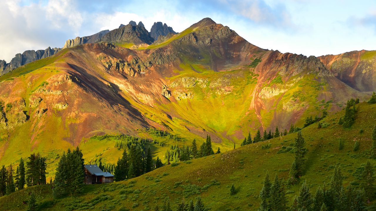 Wallpaper mountains, rocks, trees, building