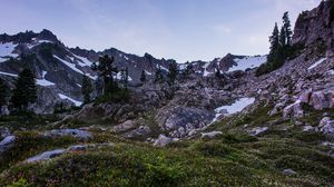 Preview wallpaper mountains, rocks, trees, grass, snow, landscape