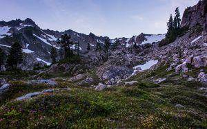 Preview wallpaper mountains, rocks, trees, grass, snow, landscape