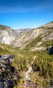 Preview wallpaper mountains, rocks, trees, cliff, river