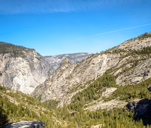 Preview wallpaper mountains, rocks, trees, cliff, river