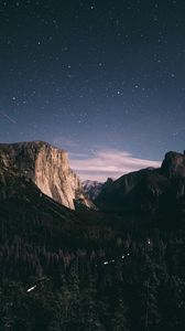 Preview wallpaper mountains, rocks, trees, forest, starry sky, night