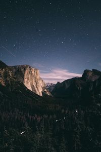 Preview wallpaper mountains, rocks, trees, forest, starry sky, night