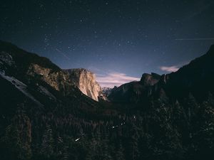 Preview wallpaper mountains, rocks, trees, forest, starry sky, night